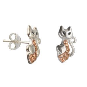 925-ös finomságú, ezüst cica fülbevaló, csillogó rose gold sw. kövekkel, stekkeres