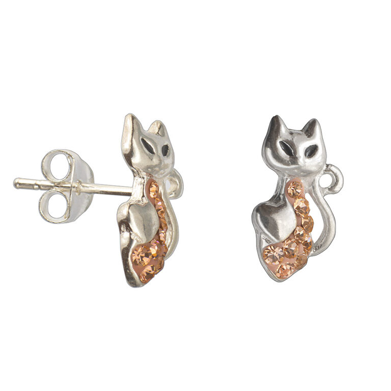 925-ös finomságú, ezüst cica fülbevaló, csillogó rose gold sw. kövekkel, stekkeres