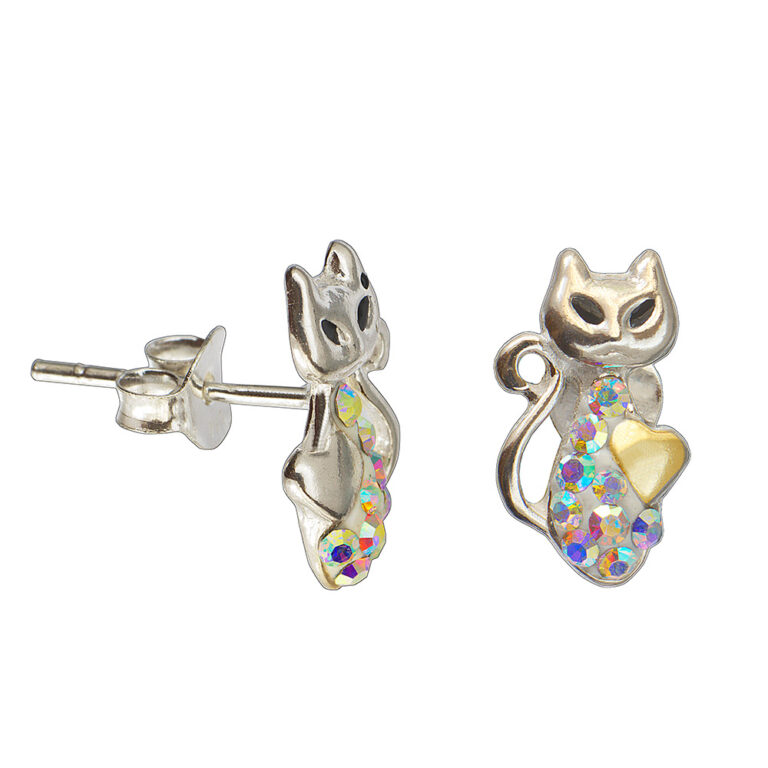 925-ös finomságú, ezüst cica fülbevaló, fehér csillogó színjátszó sw. kövekkel,