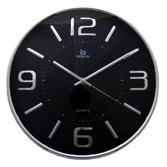 Kerek formájú falióra, modern ezüst színű tokban, fekete számlappal,