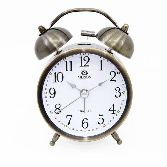 erion fém, bronz színű ,quartz ébresztőóra, fehér számlappal, fém tokos, magasság: 13.0 cm,