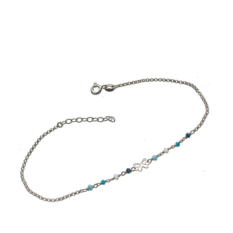 925-ös finomságú ezüst női bokalánc, kék kövekkel, pillangó medállal,