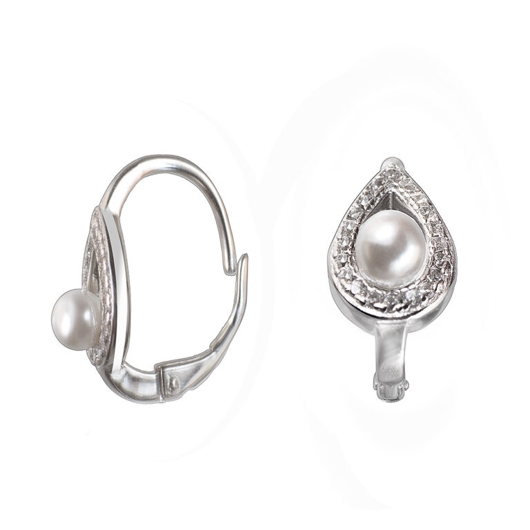 925-ös finomságú, ezüst gyöngy fülbevaló cirkonia kövekkel,