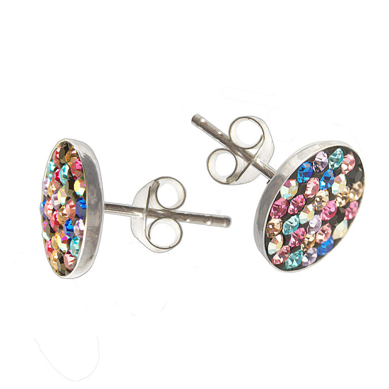 925-ös finomságú, ezüst fülbevaló, korong formájú, színes sw. kövekkel,