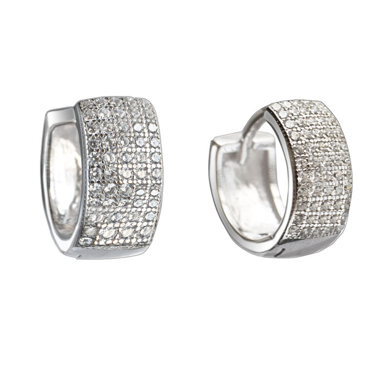 925-ös finomságú, ezüst karika fülbevaló fehér cirkónia kövekkel, ródiumozott,