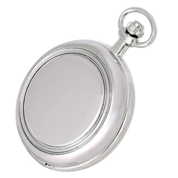 Elegáns, kerek formájú analóg zsebóra lánccal, a gravírozható, minta nélküli fazon, ezüst színű fémötvözet tokban,