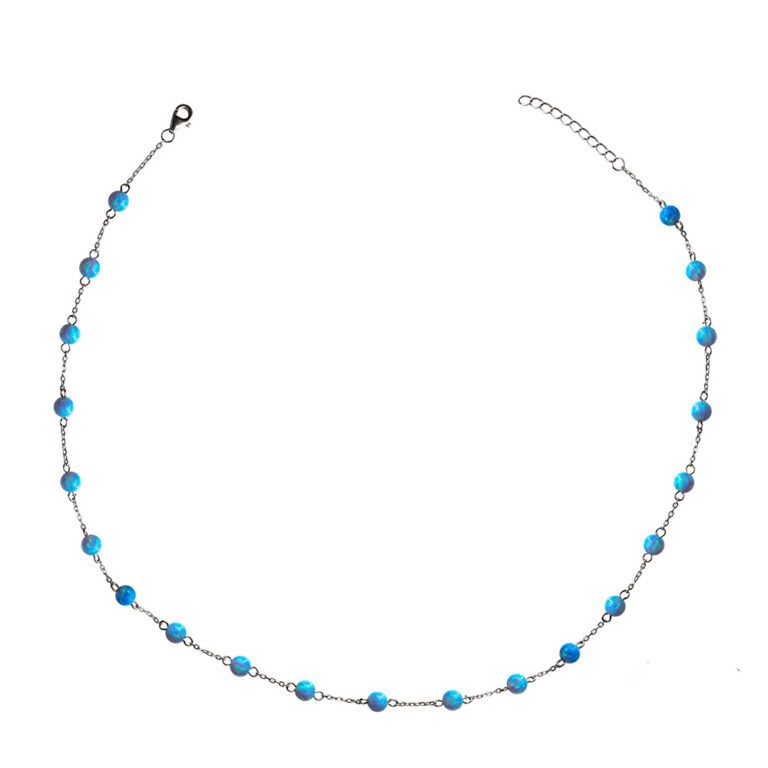 925-ös finomságú ezüst női nyaklánc szintetikus kék opál (világos kék) gömbökkel, ródiumozott