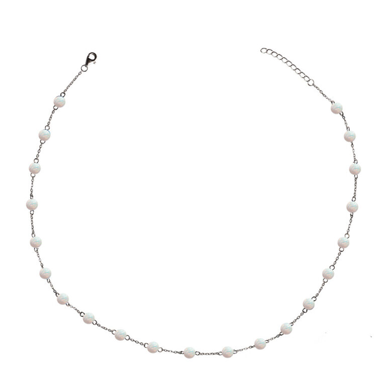925-ös finomságú ezüst női nyaklánc szintetikus fehér opál gömbökkel, ródiumozott,