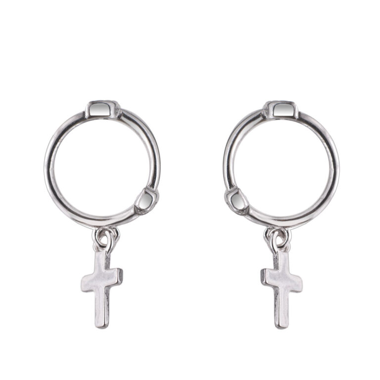 925-ös finomságú ezüst karika fülbevaló kerszttel, bepattintós zárral, (kis méret),