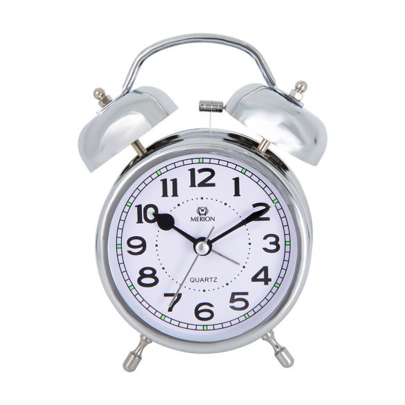 Merion ezüst színű quartz ébresztőóra fehér számlappal, fém tokos,