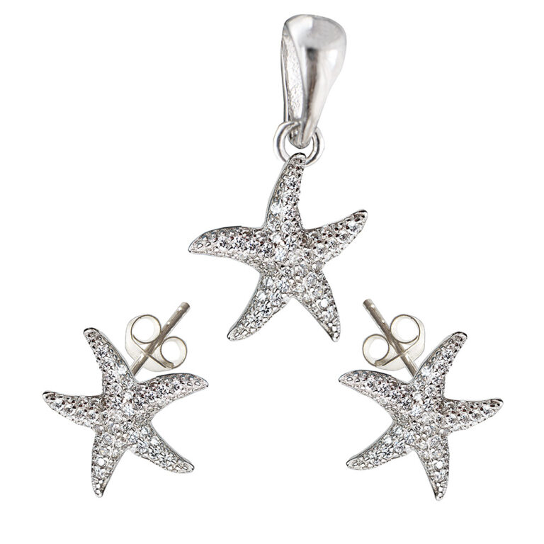 925-ös finomságú, ezüst tengeri csillag medál és stekkeres fülbevaló fehér csillogó cirkónia kövekkel