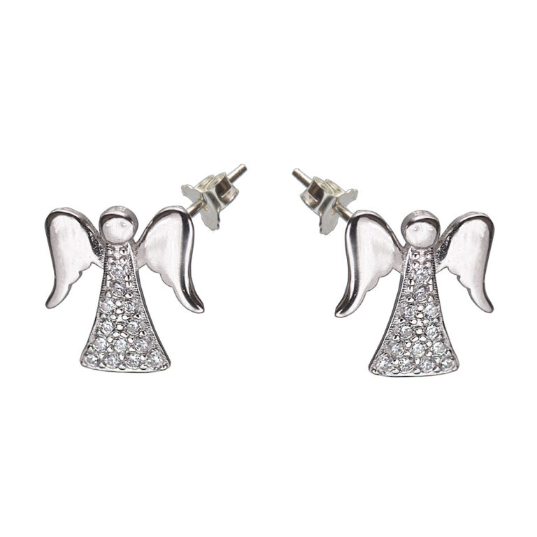 925-ös finomságú, ezüst angyalka fülbevaló, fehér csillogó cirkónia kövekkel,