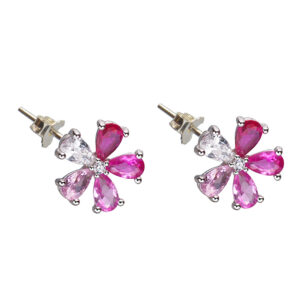 925-ös finomságú, ezüst virág fülbevaló, rózsaszín színű csillogó cirkónia kövekkel