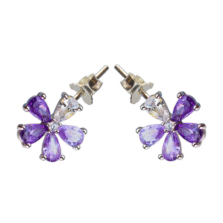 925-ös finomságú, ezüst virág fülbevaló, lila színű csillogó cirkónia kövekkel