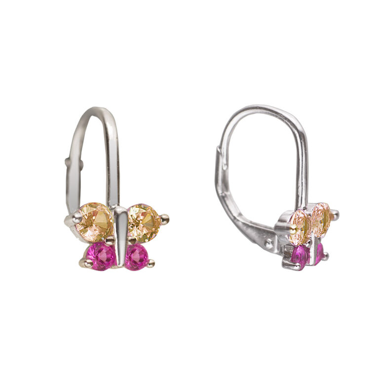 925-ös finomságú ezüst fülbevaló, rózsaszín cirkónia kővekkel, pillangó formában