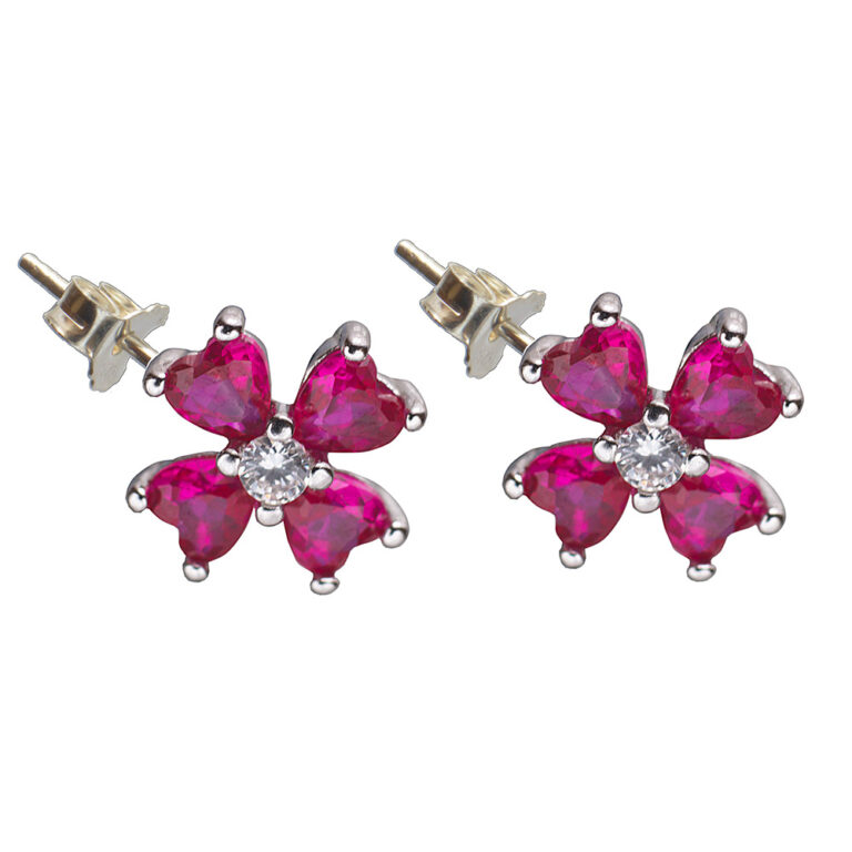 925-ös finomságú, ezüst fülbevaló, ciklámen és fehér színű csillogó cirkónia kövekkel,