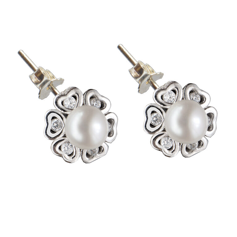 925-ös finomságú, ezüst virág formályú fülbevaló, tenyésztett gyönggyel, cirkónia kövekkel,