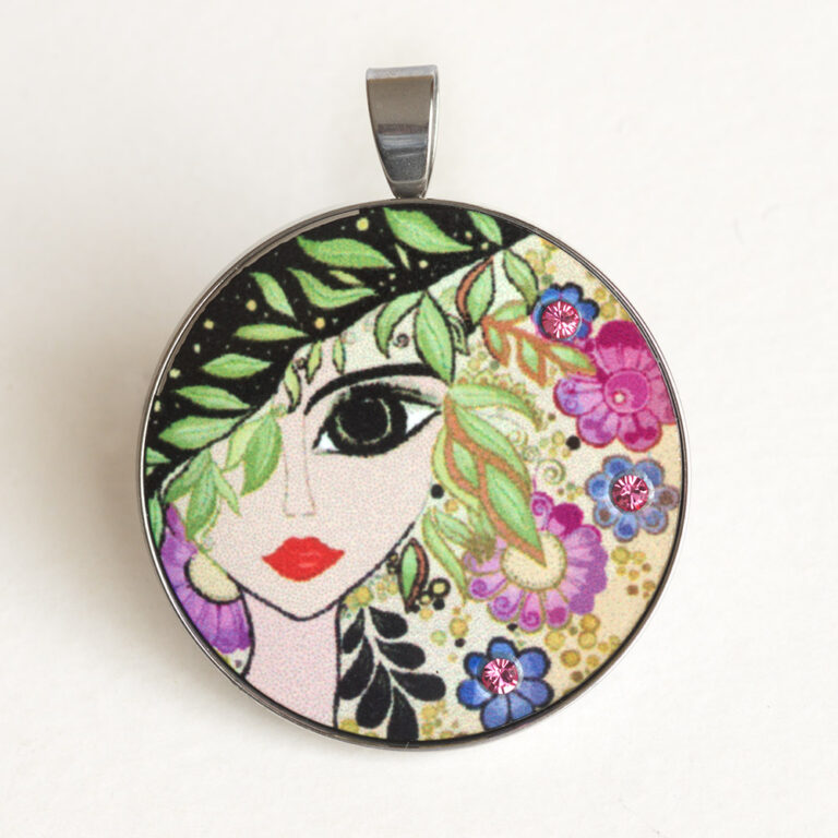Nemesacél női medál, női arc virágokkal