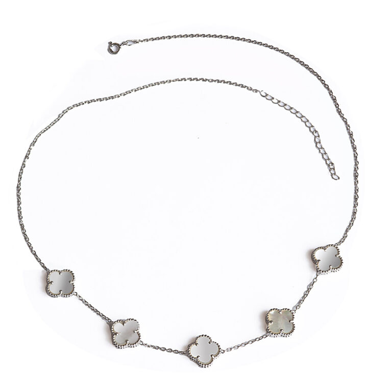 925-ös finomságú, ródiumozott ezüst nöi nyaklánc, különleges alakú gyöngyház betététes medálokkal,