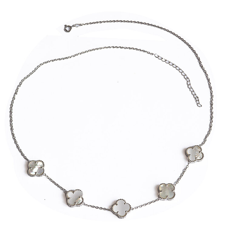 925-ös finomságú, ródiumozott ezüst nöi nyaklánc, különleges alakú gyöngyház betététes medálokkal