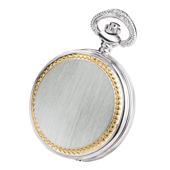 Elegáns, kerek formájú analóg zsebóra lánccal, arany színű vésett mintával, ezüst színű fémötvözet tokban