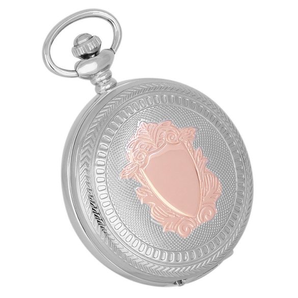 Elegáns, kerek formájú analóg zsebóra lánccal, rózsaarany színű pajzs motívummal